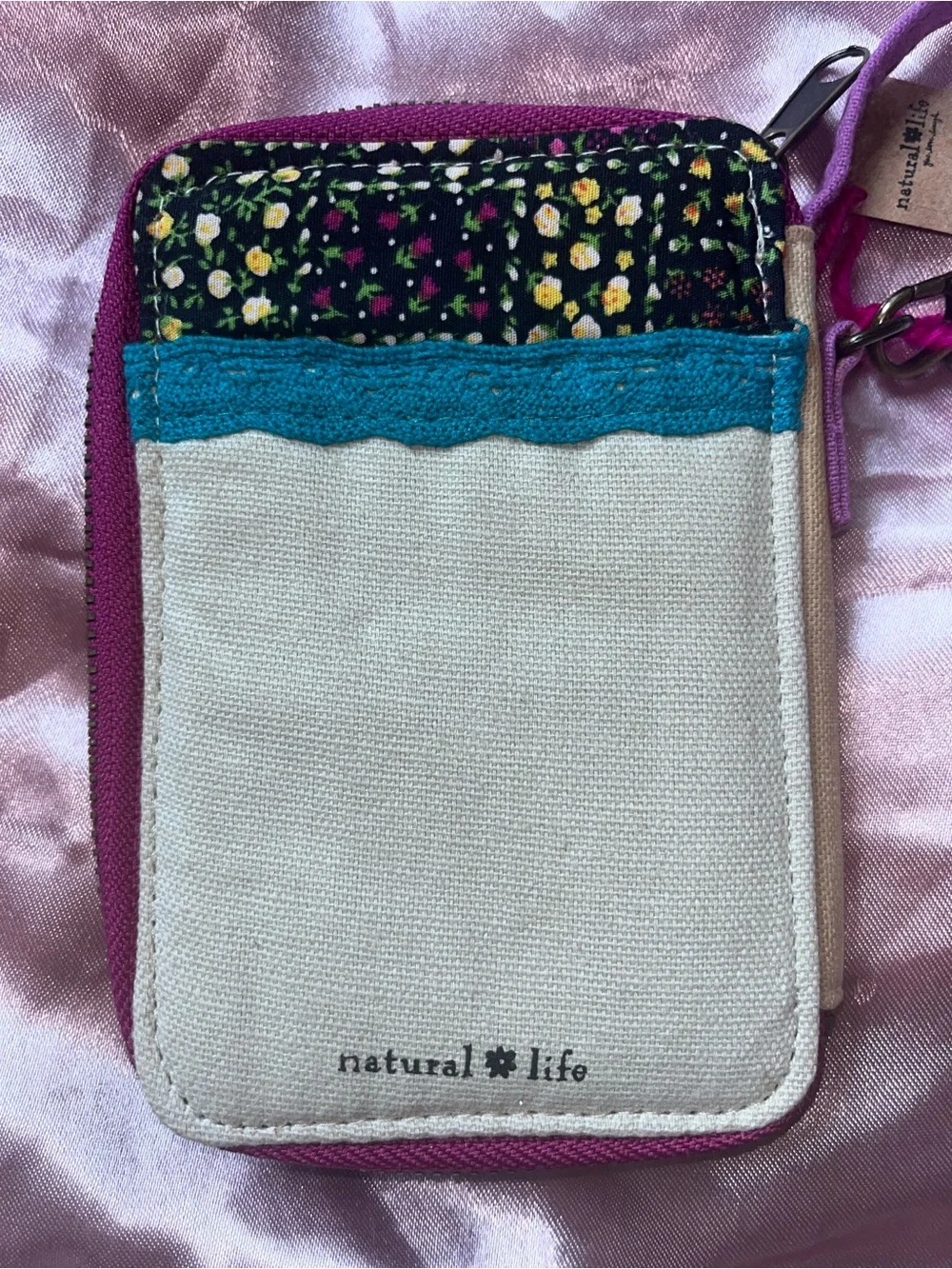 NATURAL LIFE Canvas Wristlet with Purple Strap and Pink Stitching